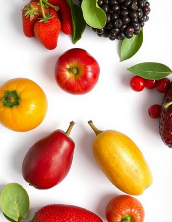 Fruits and vegetables on a white background. View from above.
