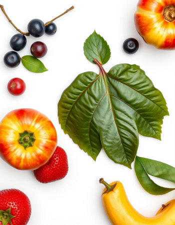 Fresh fruits and vegetables isolated on white background. Flat lay, top viewの写真素材