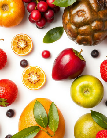 Fruits and berries isolated on white background. Top view. Flat lay pattern