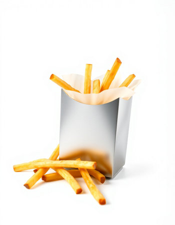 French fries in a paper box on a white background. Isolated