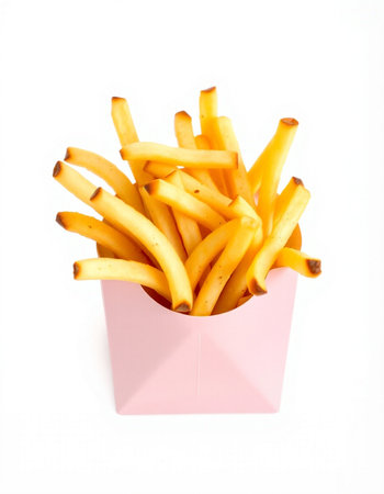 French fries in a pink box on a white background. Isolatedの写真素材