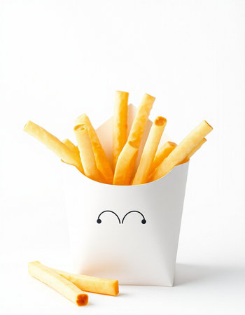 French fries in a paper cup on a white background, close-upの写真素材