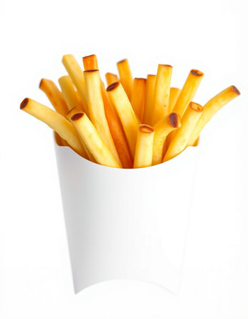 French fries in a white box on a white background. Isolated