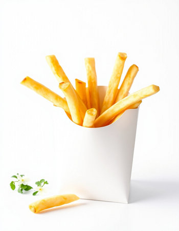 French fries in a paper box on a white background. Selective focus.の写真素材