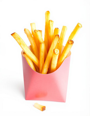 French fries in a pink box on a white background. Isolated