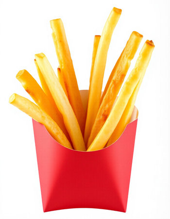 French fries in a red box on a white background. Isolated