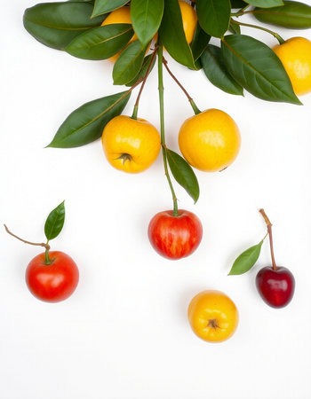 Cherries and cherry on a white background. Flat lay.の写真素材