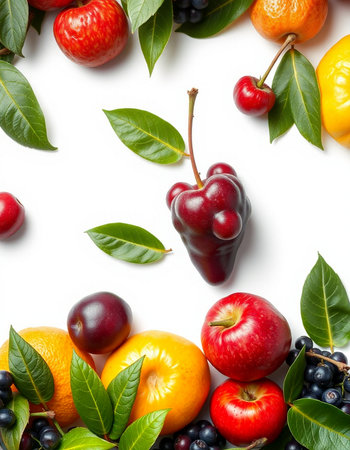Fruits and berries with leaves isolated on white background. Top viewの写真素材