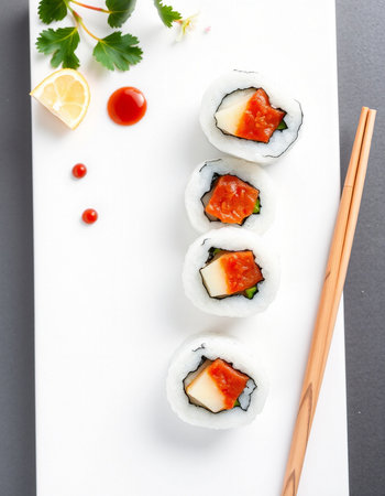 Sushi roll with salmon, cream cheese and cucumber on white plateの写真素材