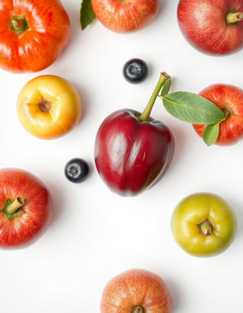 Healthy food background with different fruits and vegetables. Top view.の写真素材