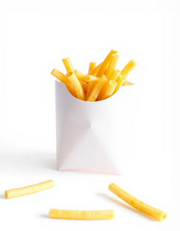 French fries in a white paper box on a white background, isolatedの写真素材