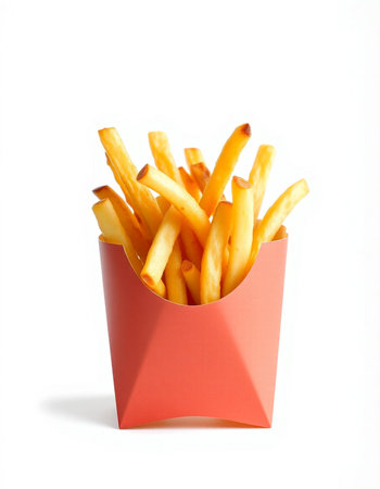 French fries in a red box on a white background. Isolated