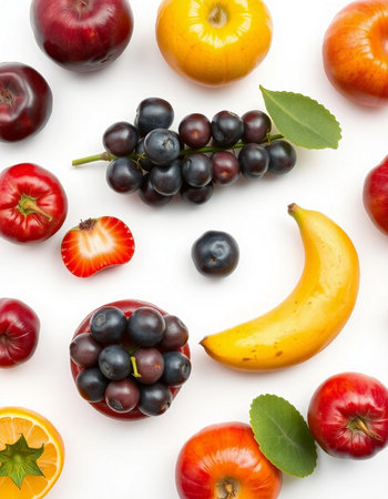 Fruits and berries on white background. Flat lay, top viewの写真素材