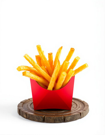 French fries in red box isolated on white background. Fast food.