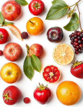 Fruits and berries isolated on white background. Flat lay, top viewの写真素材