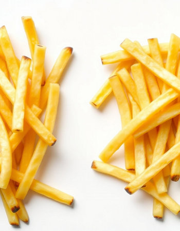 French fries on a white background. Top view. Copy space.