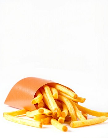 Golden French fries in a paper bag isolated on a white background.