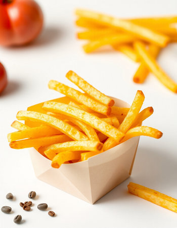 French fries in a paper box on a white background. Close-up.