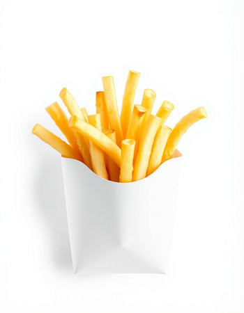 French fries in paper box isolated on white background. Fast food.