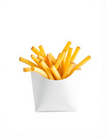 French fries in paper box isolated on white background. Fast food.
