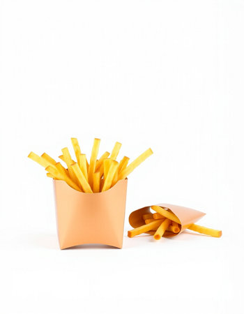 Golden French fries in paper bag isolated on white background, clipping path