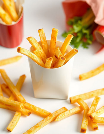 French fries in a paper cup on a white background. Selective focus.