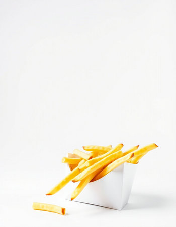 French fries in a white box on a white background. Selective focus.
