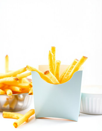 French fries in a paper box on a white background. Selective focus.