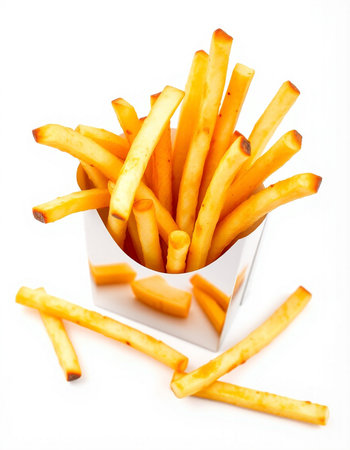 French fries in a white box on a white background close-up