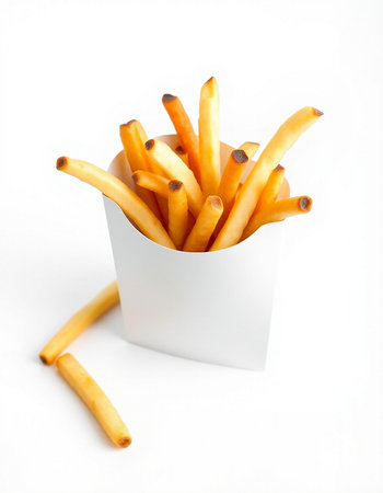 French fries in a paper box on a white background. Isolated