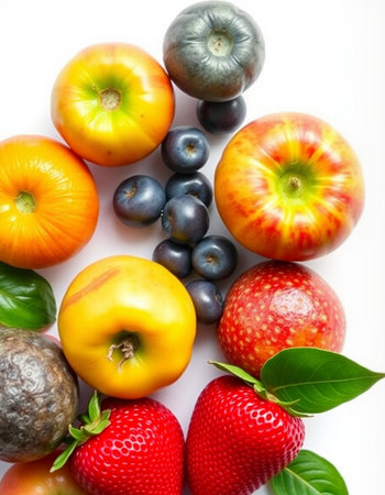 Fruits and vegetables on a white background. View from above.