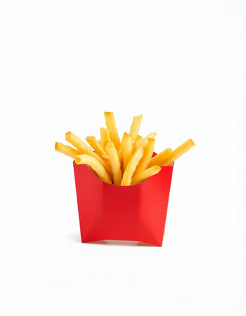 French fries in a red box on a white background. Isolatedの写真素材