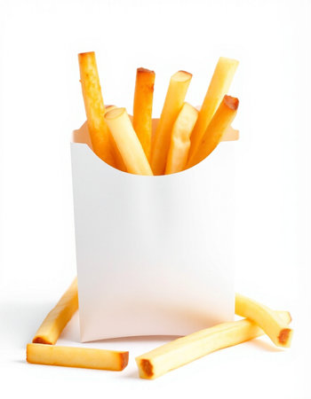 French fries in a paper box isolated on white background. Selective focus.
