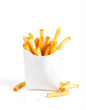 French fries in paper box isolated on white background. Close up.