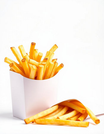 French fries in a paper box on a white background. Fast food.