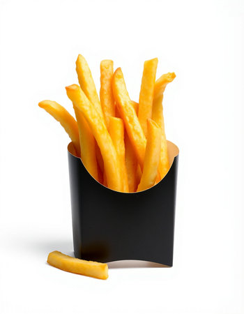 Golden French fries in a black paper box isolated on white background.
