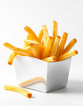 French fries in a white box on a white background, fast food