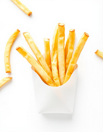French fries in a white box on a white background, top viewの写真素材