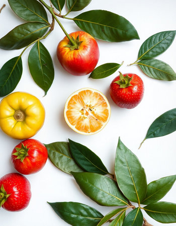 Fresh fruits and leaves on white background. Flat lay, top viewの写真素材