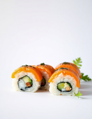 japanese sushi on a white background, rolls with fish and vegetables