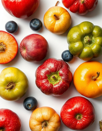 Fruits and vegetables on a white background. Flat lay, top view