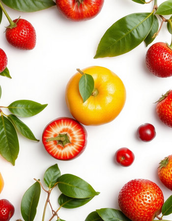 Flat lay composition with fresh ripe fruits and leaves on white backgroundの写真素材
