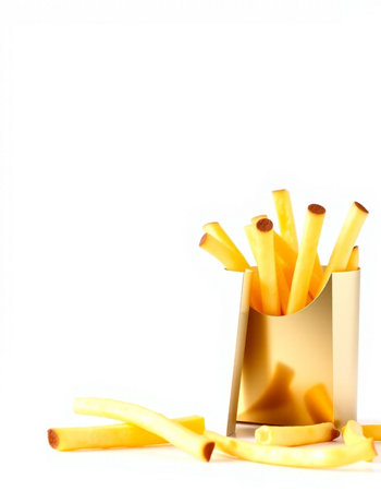 French fries in paper bag isolated on white background with copy space.