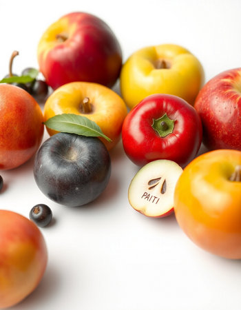 Colorful fruits on white background, close-up, shallow depth of field