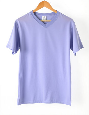 Blue t-shirt on a hanger isolated on a white backgroundの写真素材