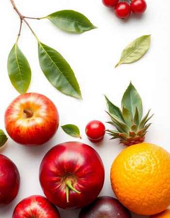 Fruits and vegetables on white background. Top view. Flat layの写真素材