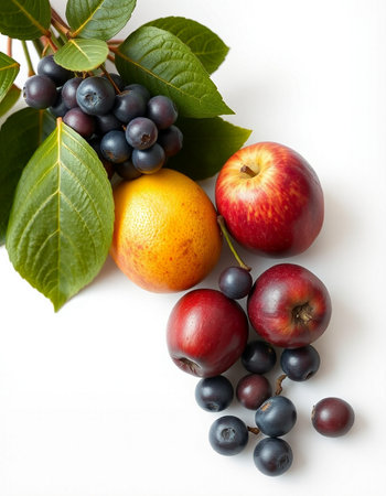 Fruits on a white background. Ripe apples, oranges, and grapesの写真素材