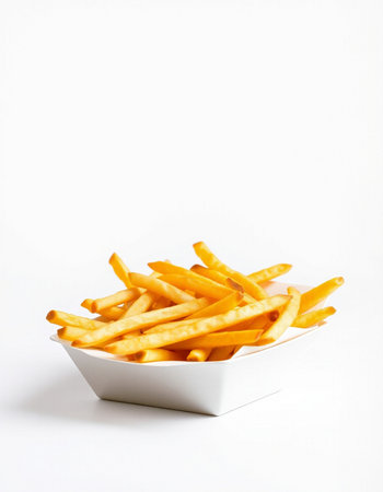 French fries in a white bowl on a white background with copy space