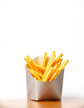 French fries in a paper box on a wooden table against a white background