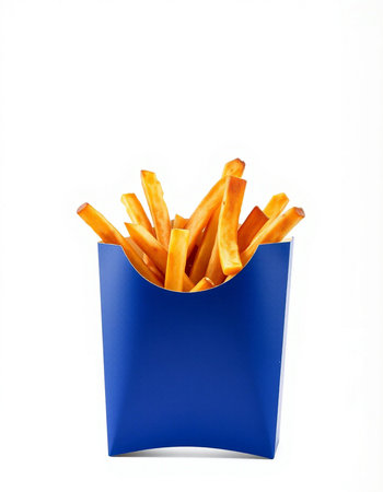 French fries in a blue box on a white background. Isolated